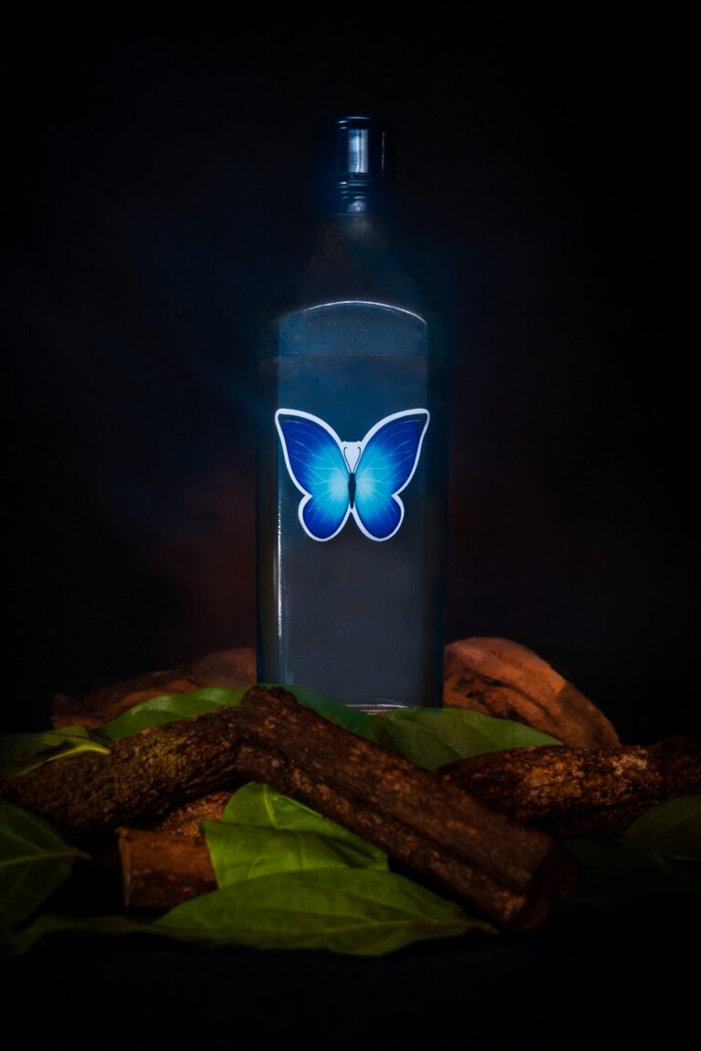 Photo of Blue Morpho's Ayahuasca bottle with blue butterfly prominently displayed